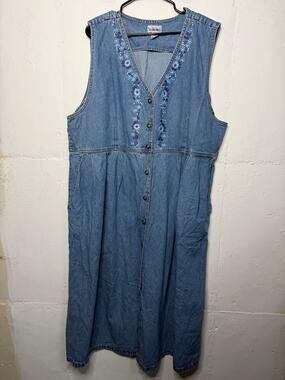 Studio West Vintage 90s 3X Denim Button Down Dress Sleeveless Floral Flowers